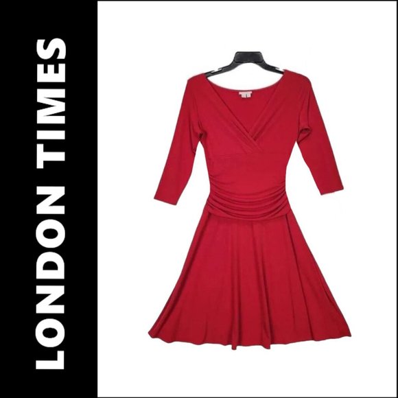 London Times Dresses & Skirts - London Times Woman Size 10  Red Long Sleeve Shift Flare Pleated Dress